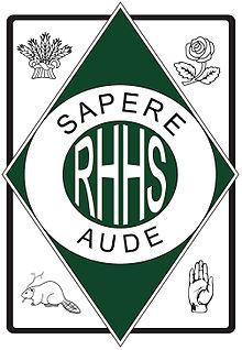 A green diamond over the outline of a rectangle. An image appears in each corner of the rectangle - a shaft of wheat, a rose, a hand and a beaver. In the green rectangle, the words Sapere Aude and RHHS